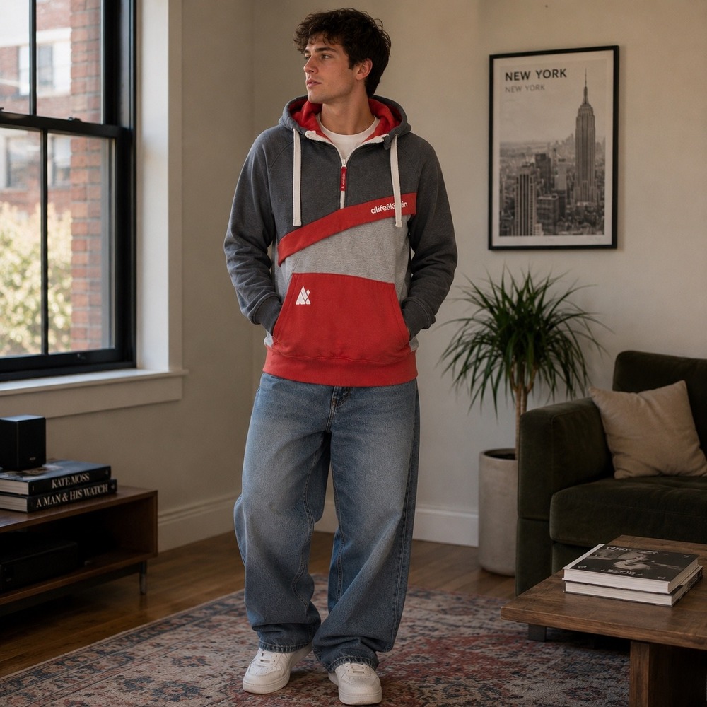 Alife and Kickin Mens Quarter Zip Hoodie Pullover‎ Grey Red Logo Size S